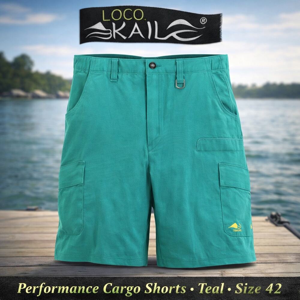 Loco Kaile Teal Performance Cargo Shorts Size 42 Stretch Utility Pocket